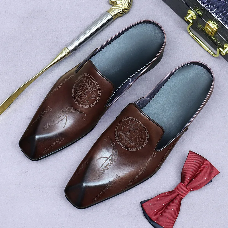 Italian Luxury Mens Genuine Leather Half Shoes Dress Slippers 2024 Summer New Style Designer Quality Vintage Business Sandals