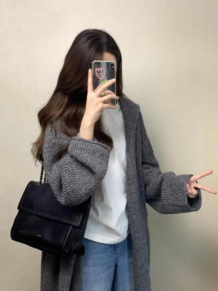 Outono inverno 100% lã merino cardigan feminino médio longo grosso casual solto moda malha cashmere camisola jaqueta