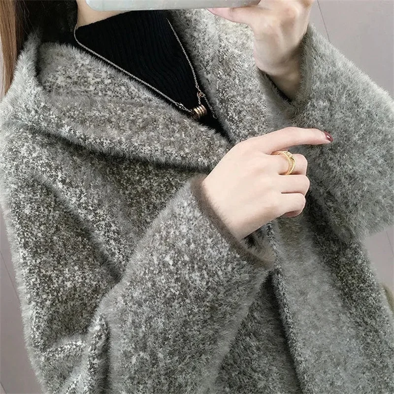 Korean Women Loose Sweater Outwear 2024 Female Medium Long Styles Mink Fur Jacket Winter Lady Fashion Windbreaker Knitted Coat