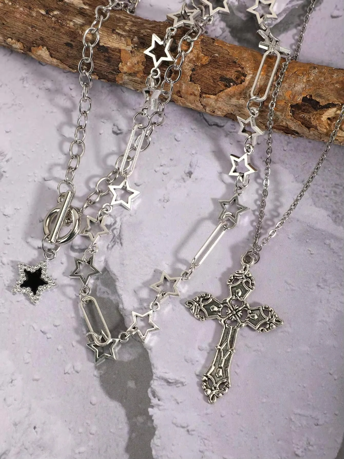 Fashion Gothic Punk Style Rhinestone Star Meteor Necklace, Rhinestone Cross Necklace, Multi-Layer Choker Necklace, Y2K