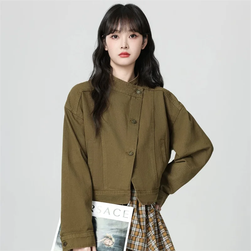Women Vintage Cropped Denim Coat, Stand Collar Asymmetric Placket Casual Workwear Short Jacket for Spring Autumn