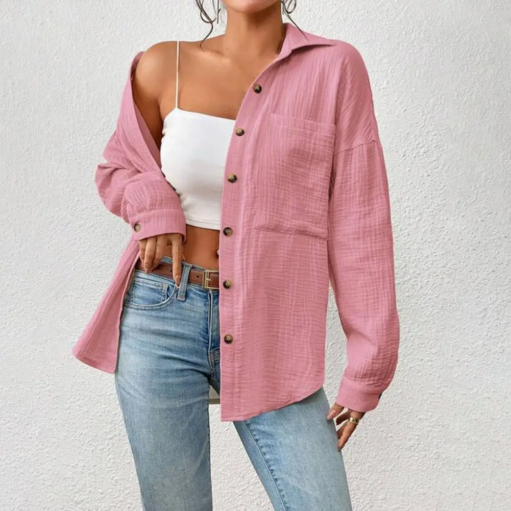 Lapel Collar Blouse Stylish Women's Button Down Shirt with Lapel Collar Patch Pocket Casual Long Sleeve Blouse for Work Daily