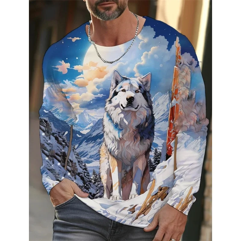 2026 new men's Ukiyoe long-sleeved T-shirt 3d printed high-definition wolf print men's autumn top casual round neck T-shirt