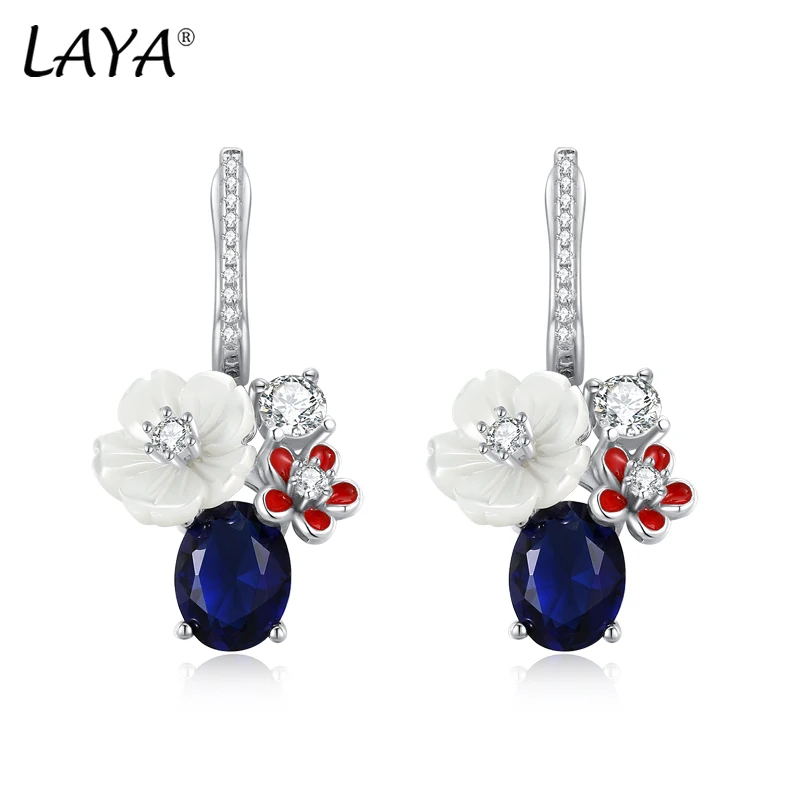 LAYA Earrings For Women 100% 925 Sterling Silver White Shell Flower Shining Zircon Engagement Romantic Wedding Party Jewelry