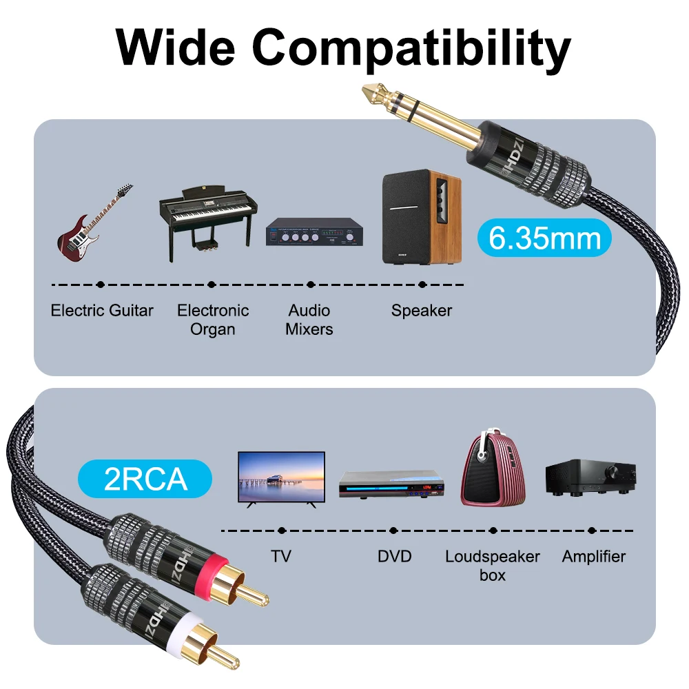 6.35 mm to 2RCA Cable, RCA Cable Gold Plated Audiowave Series 6.35mm 1/4 inch Male to 2 RCA Male Stereo Audio Adapter