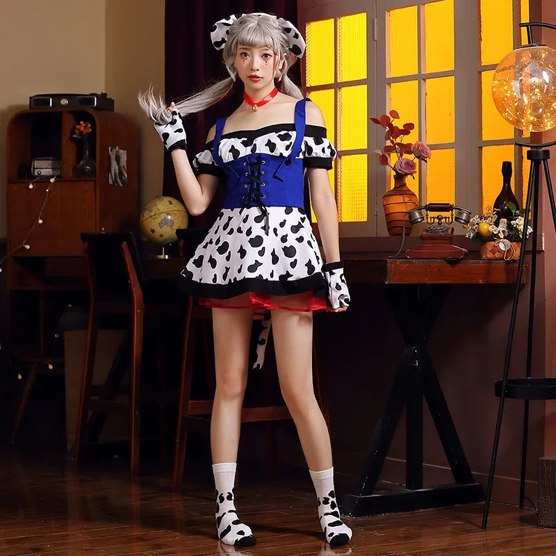 

Sexy Spice Girls Maid Cosplay Dress for Women White black irregular Cow print Dress Maid Christmas Party Temptation Uniform Suit