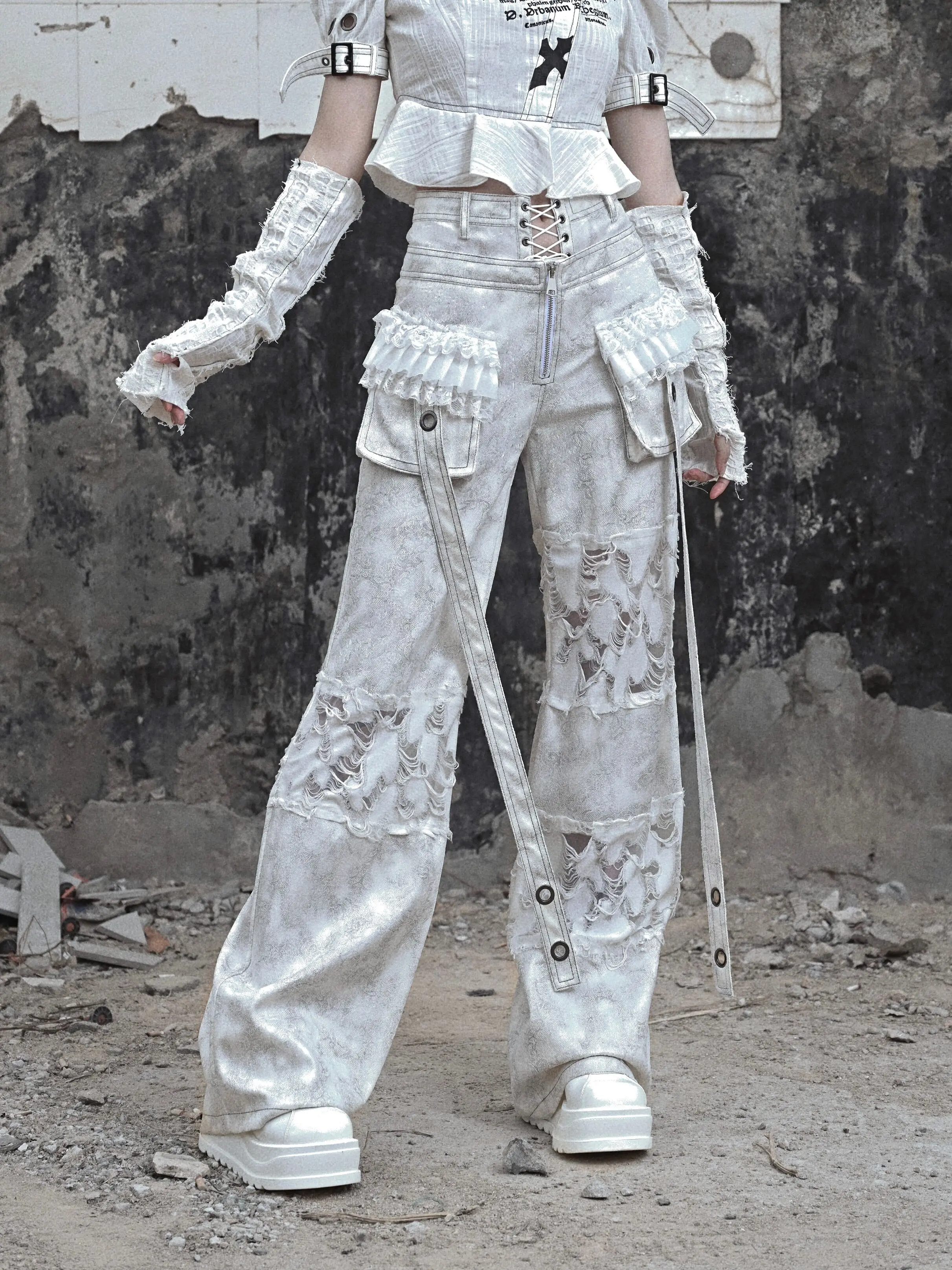 

Blood Supply Original Madhouse Old Suede Long Capris Women Strap Fake Two-piece Patch Punk Cargo Straight Pants Holes Spring