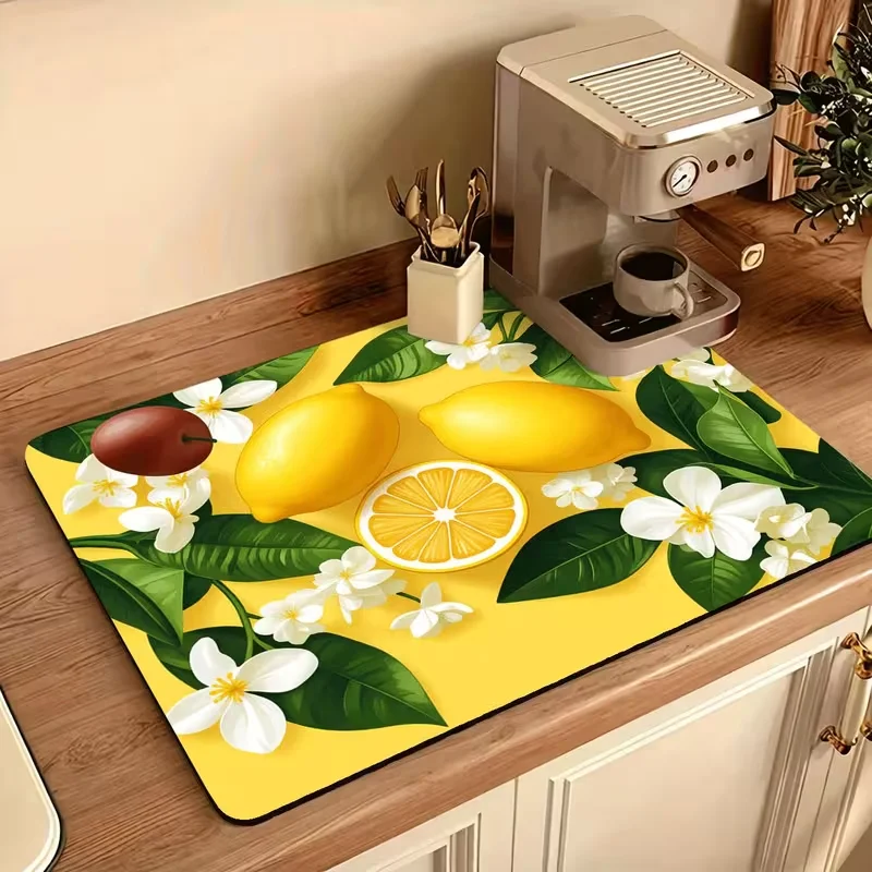Bright Lemon White Floral Coffee Station Pad Tropical Fruit Flower Print Countertop Mat For Kitchen Dining Home Decor