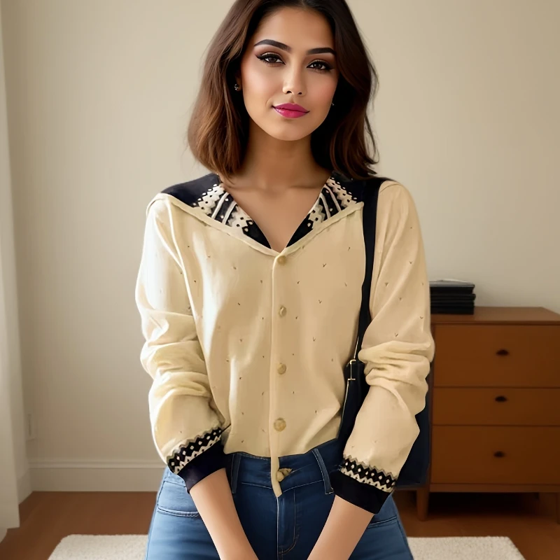 

Осенне-зимняя женская одежда, свитер с длинными рукавами и темно-синим воротником, модный кардиган, однобортный трикотаж, повседневный топ