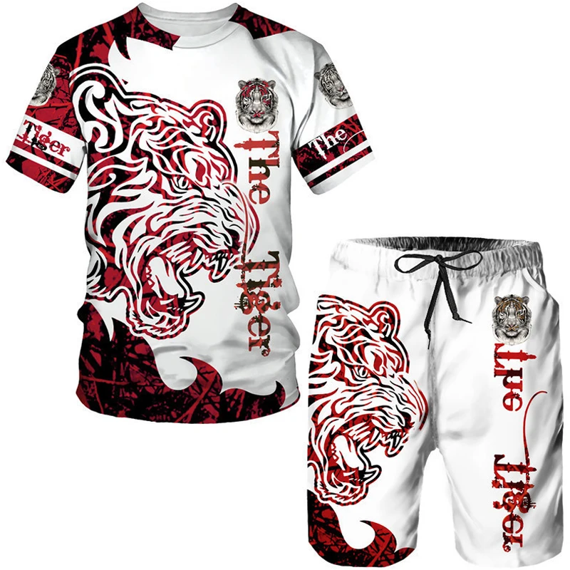 Summer Fashion Animal 3D Printed Ferocious Tigter Lion Casual Men T-ShirtSet Oversiezed O Neck Breathable Streetwear Tracksuit
