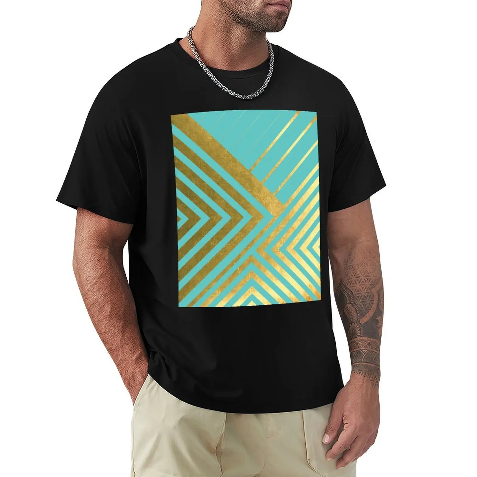 Turquoise and Gold Geometric Luxe T-Shirt Basic Simple Casual Short Sleeve Tee