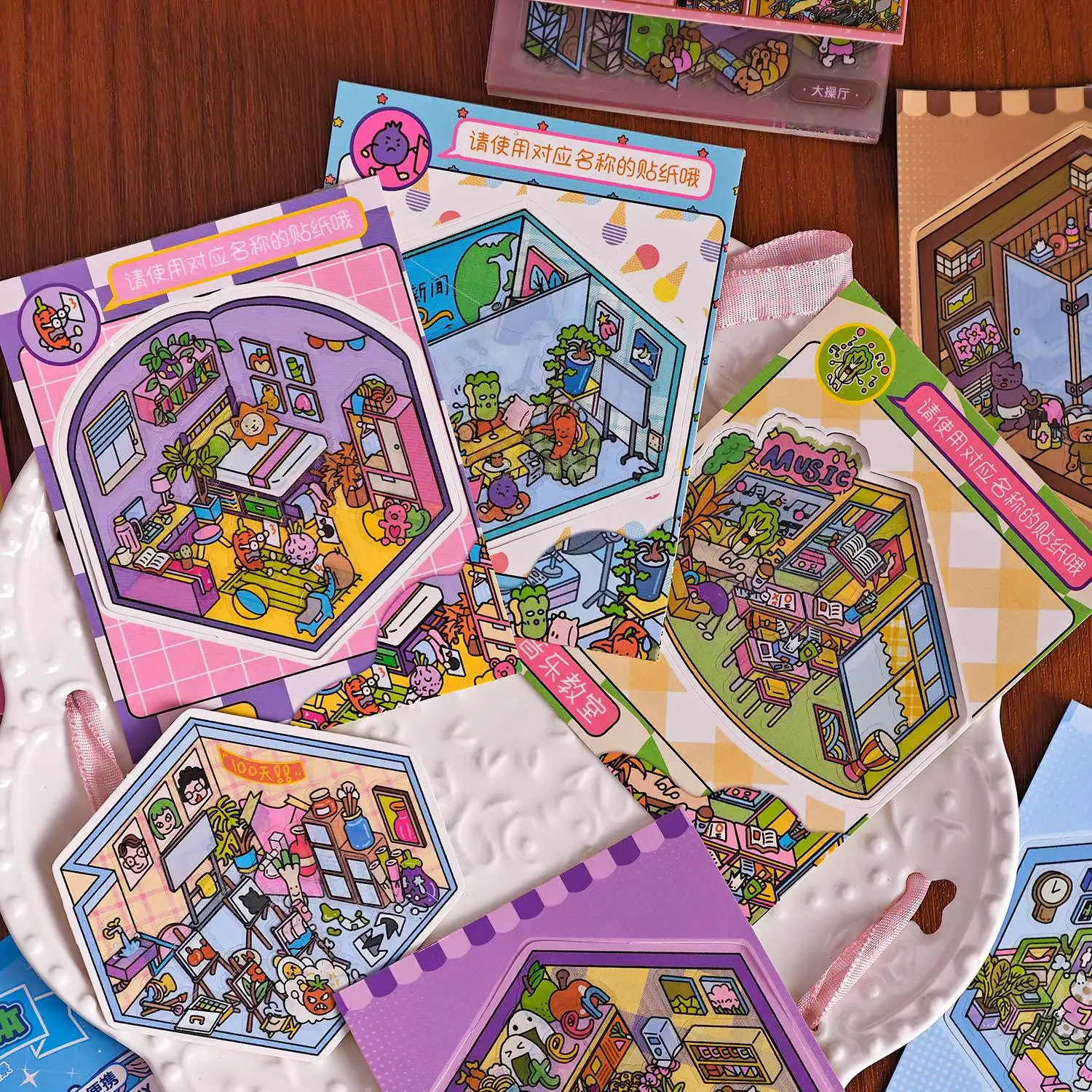 

Книга-стикербук Kawaii National Treasure Cottage: 3D-пейзаж с милыми зверушками, DIY-сцена карманной хижины