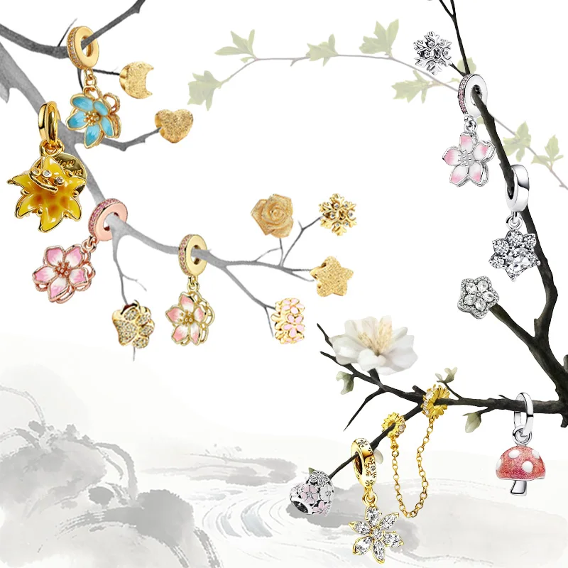 

New Original Charm Beads,Glow-in-the-dark Mushroom Dangle &Rose in Bloom Oversized Charm Fit Pendant Bracelet Women Jewelry Gift