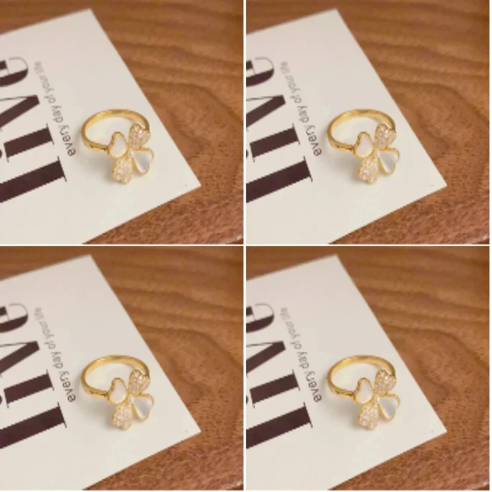 

Корейская версия кольца с открытым концом из цельного циркония Light Luxury Four Leaf Clover, высококачественное, нишевое, универсальное, не выцветающее, трансграничное.