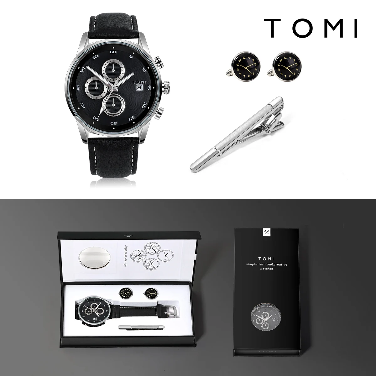 TOMI 4PCS Set Gift Box Men's Fashion Business Quartz Watch Leisure Calendar Watch Men's Cufflinks Tie Clip Watch Gift
