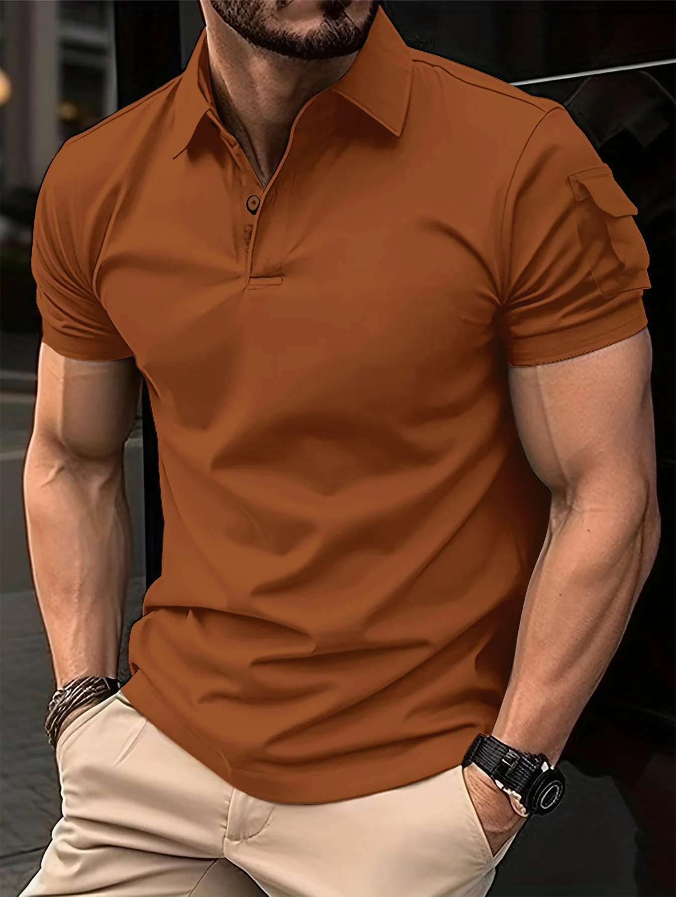 POLO de manga corta para hombre, camisa americana retro pesada, bolsillo en el brazo, personalidad de tendencia, Verano