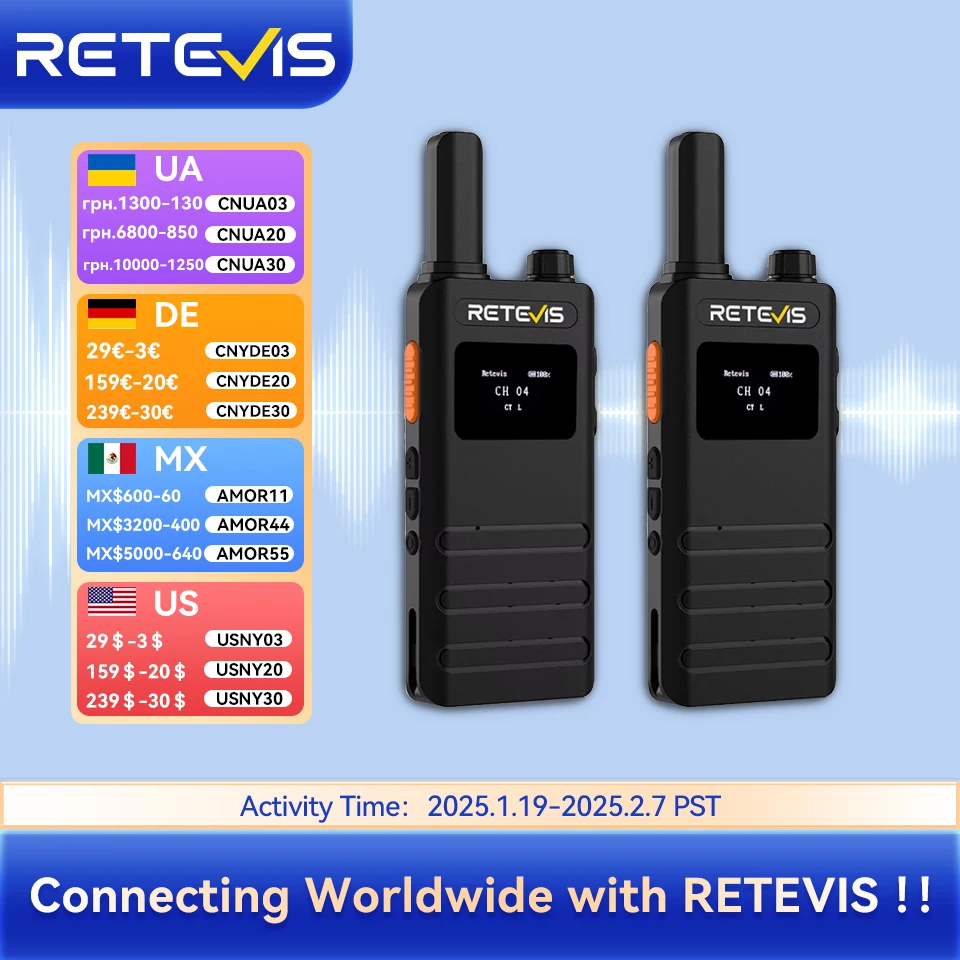 Retevis B63S 워키토키, LCD 스크린, 휴대용 초박형 워키토키 PMR/FRS, 라이센스 없는 양방향 라디오, C 타입 충전 