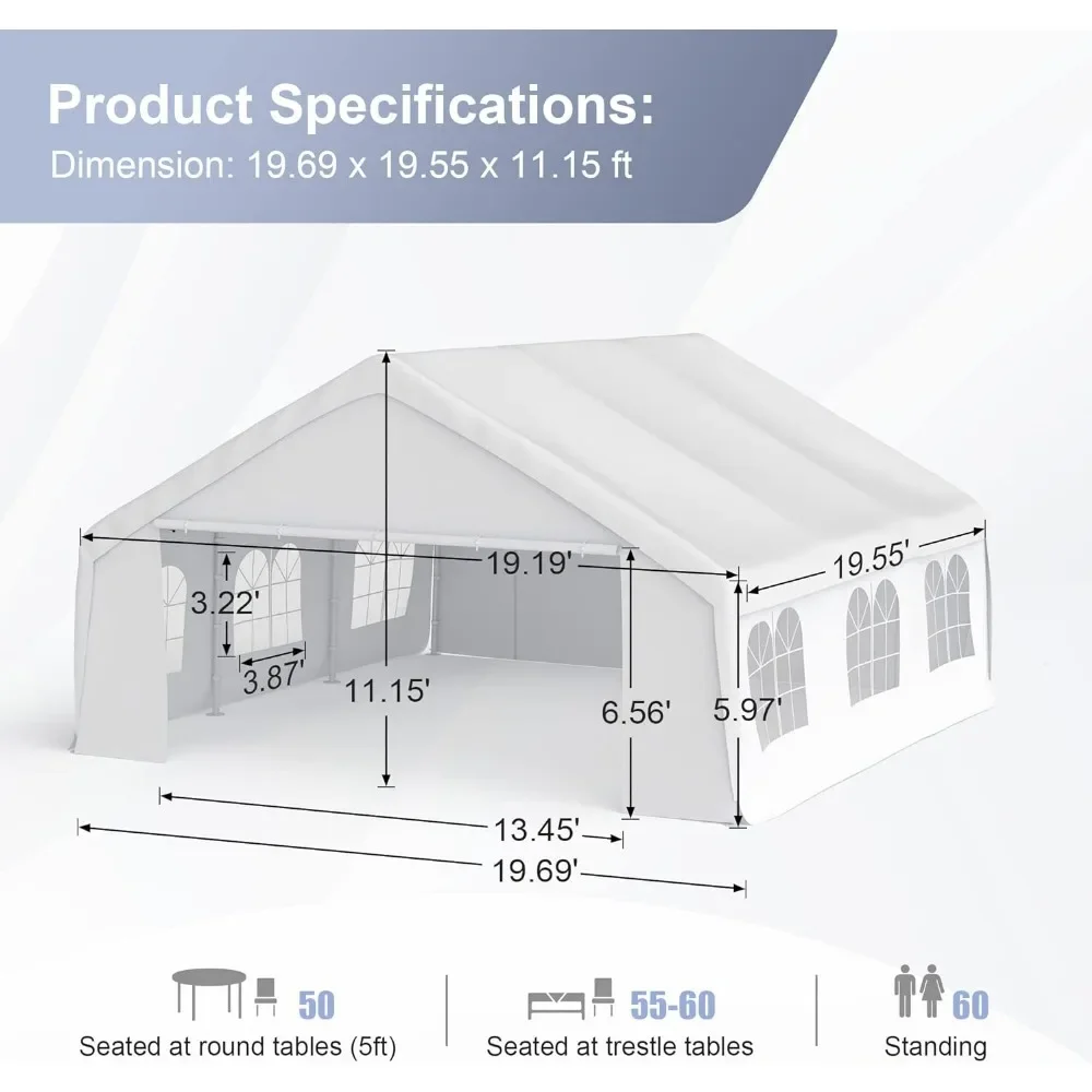 Gazebo Canopy Tent for Parties Heavy Duty 20'x20' Car Tent Metal Carport Portable Garage With Removable Sidewalls White Pergola