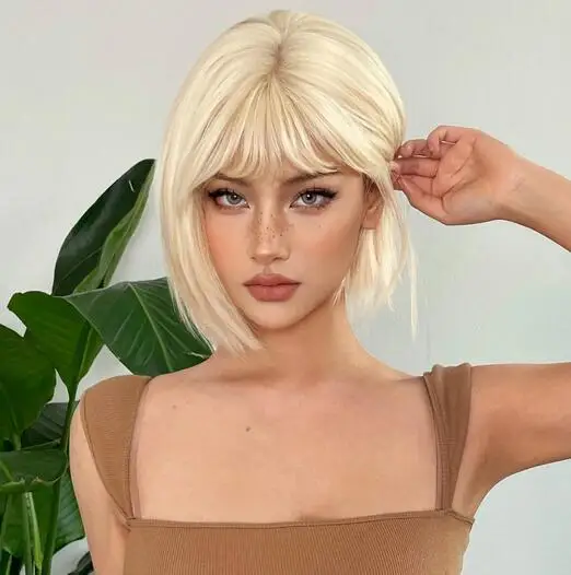 

Platinum Blonde Short Bobo Synthetic Natural Hair Wig with Bangs for Women Cosplay Party Cute Wigs Heat Resistant Fiber