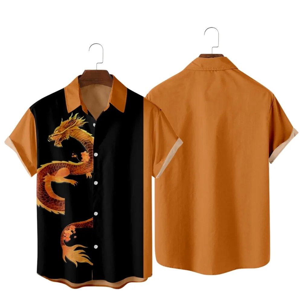 Golden Dragon Chinese Style Casual Shirt Fashion Casual Retro Hawaiian Beach Men's Summer Pocket Shirt