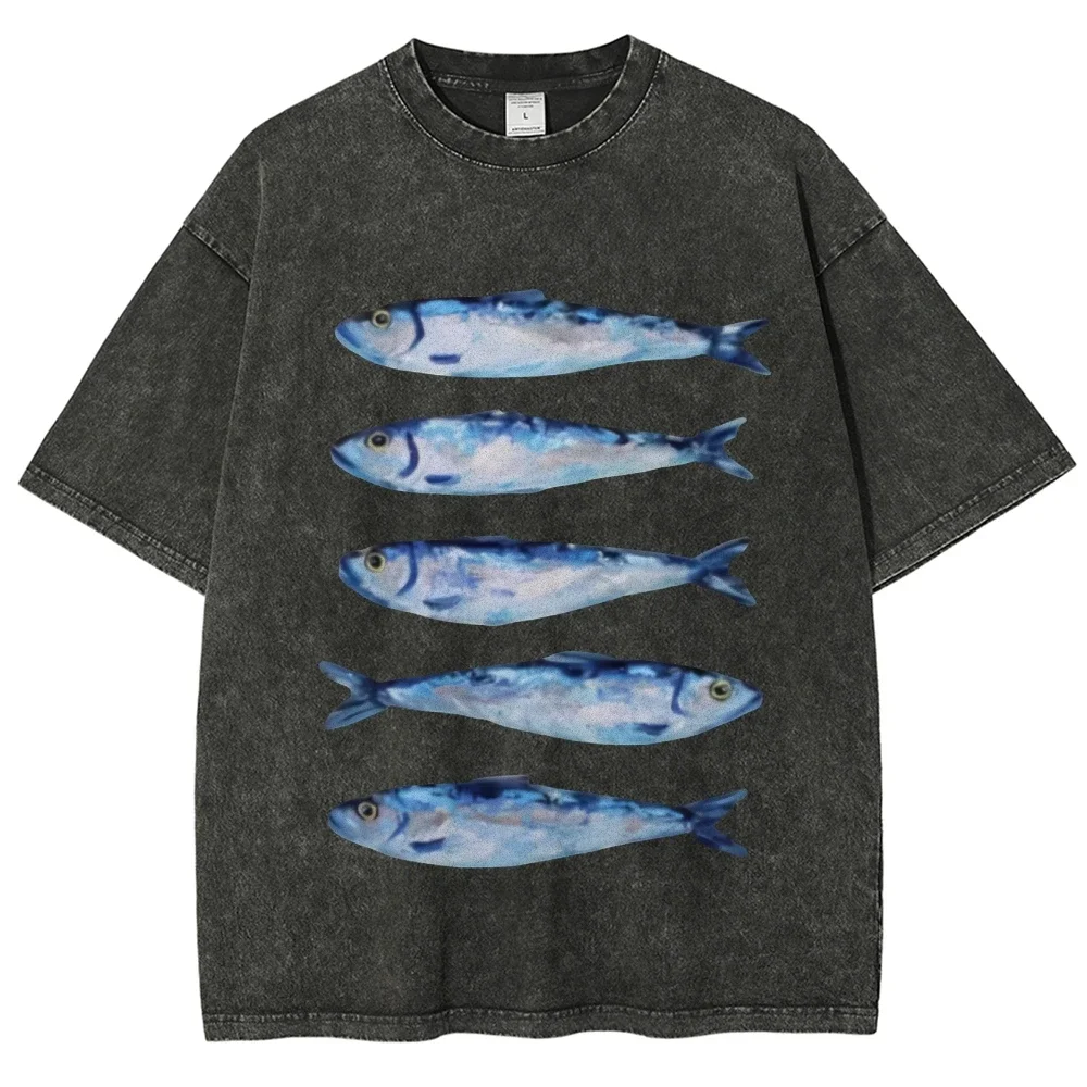 Friend's Clothing Dried Fish Print 5 Small Sea Fish Unisex Vintage Washed Tee Graphic Short Sleeve High Street T-shirt