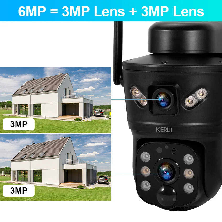 KERUI WIFI Solar Camera 6MP Outdoor Security Camera Dual Lens Solar Panel Motion Tracking CCTV Video Surveillance Waterproof
