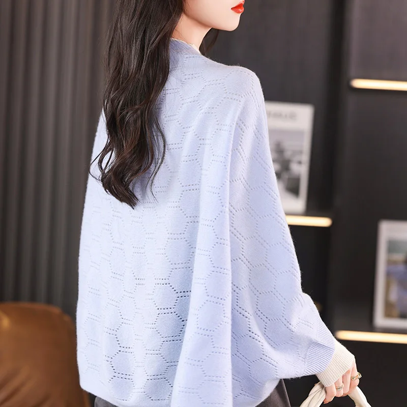 Hot selling new women's Australian wool shawl casual solid color knitted hollow women's thin wool shawl comfortable and soft