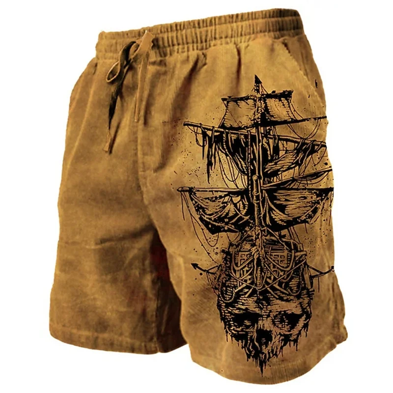 Tan Retro 3D Printed Men\'s Beach Pants Ghost Pirate Ship 2024 Men\'s Summer Breathable Shorts Fitness Street Drawstring Shorts