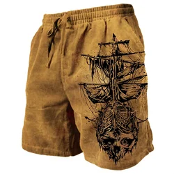 Tan Retro 3D Printed Men's Beach Pants Ghost Pirate Ship 2024 Men's Summer Breathable Shorts Fitness Street Drawstring Shorts