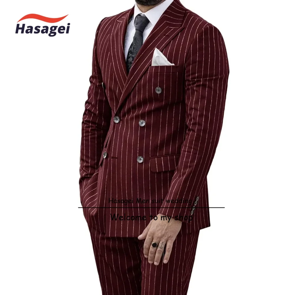 Mens Pinstripe Suit 2 Piece Double Breasted Tuxedo Slim Fit Formal Business Blazer Pants Set