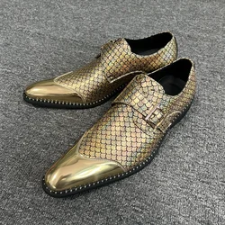 Gold Shoes for Men Wedding Loafers Pointed Toe Buckle Strap Silver Shoes for Men with  Size 38-44