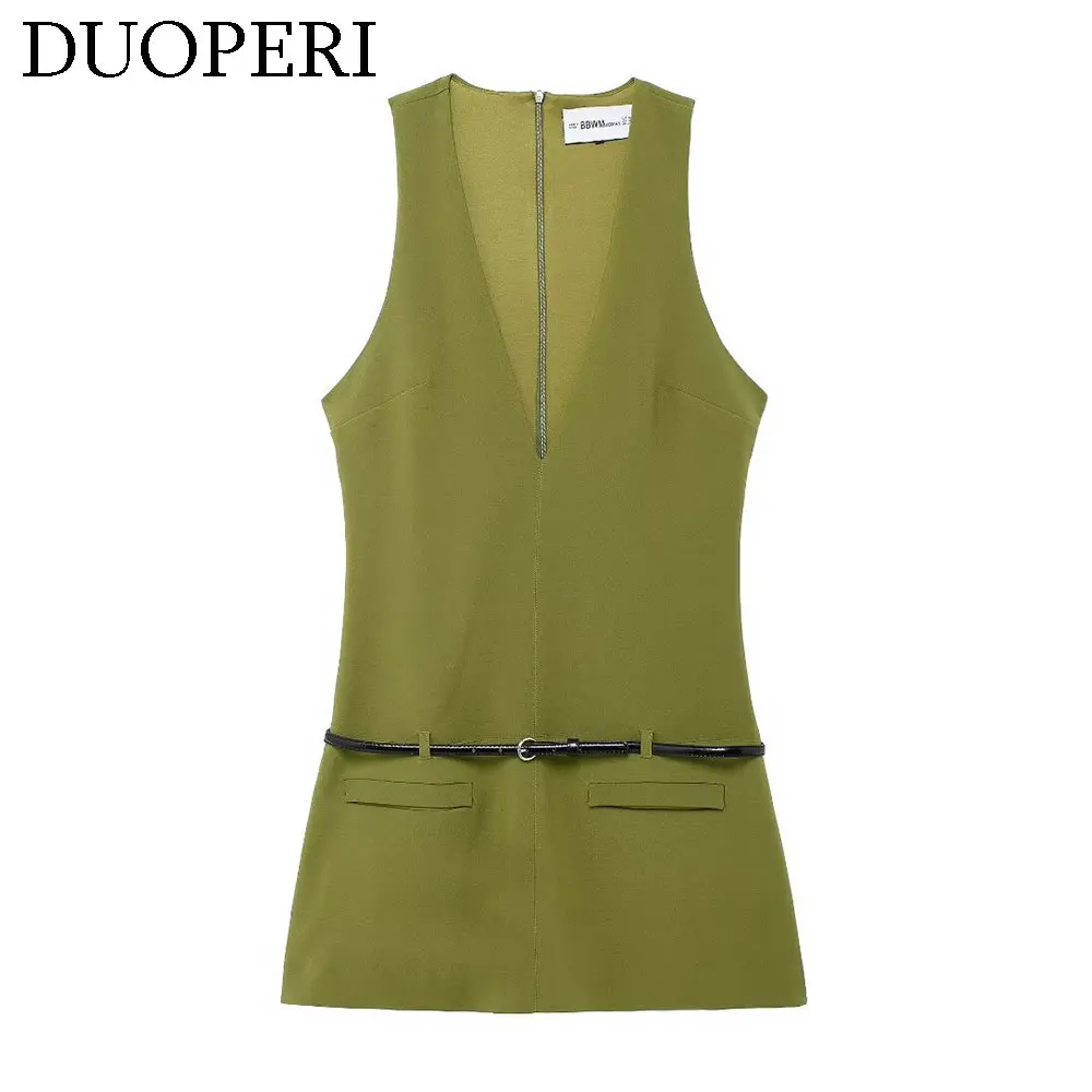 DUOPERI Women Fashion With Belt Green Back Zipper Mini Dress Vintage V-Neck Sleeveless Female Chic Lady Dresses