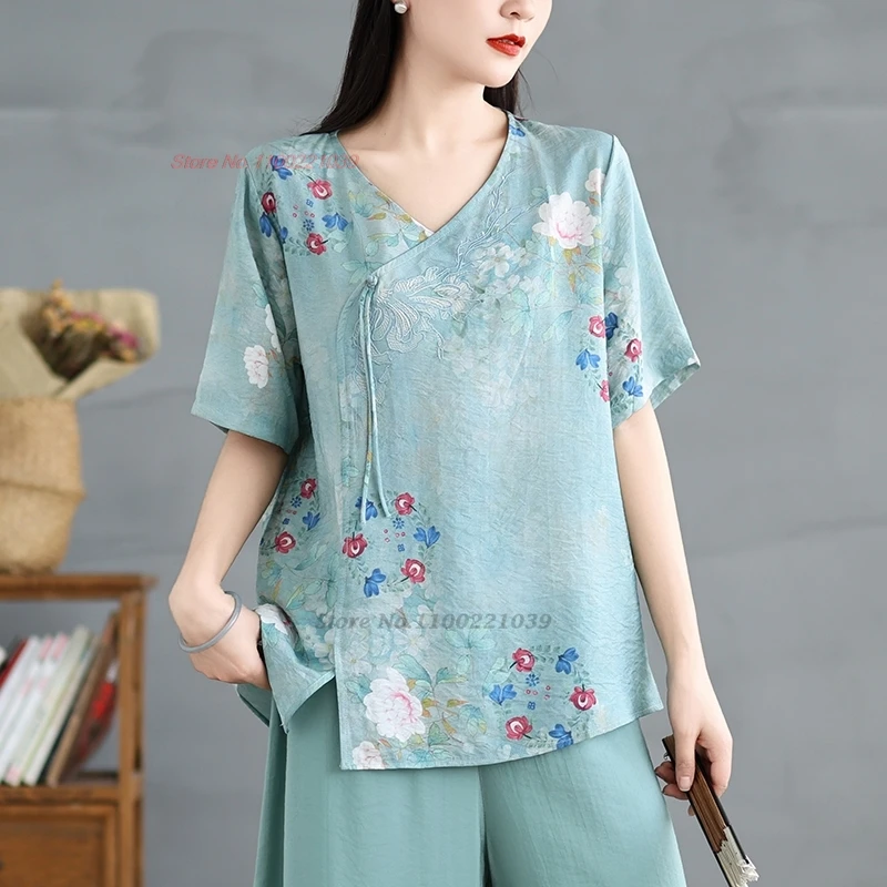 

2024 chinese traditional blouse national flower print v-neck improved folk blouse retro tea service hanfu tops ethnic streetwear