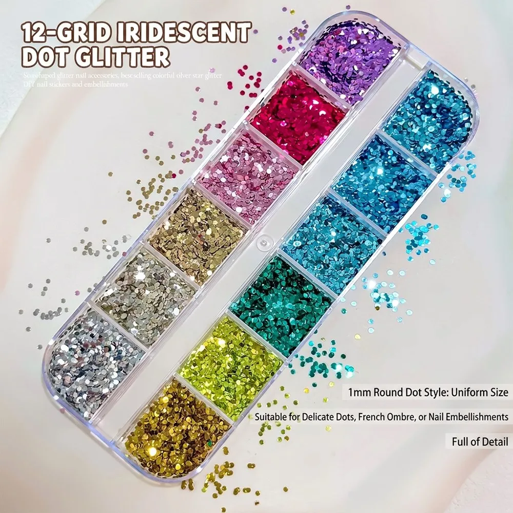 12Grid Laser Polka Dots Nail Glitter Sequins 0.8mm Tiny Holographic Round Nail Flakes Silver Gold Blue Pink Paillettes for Nails