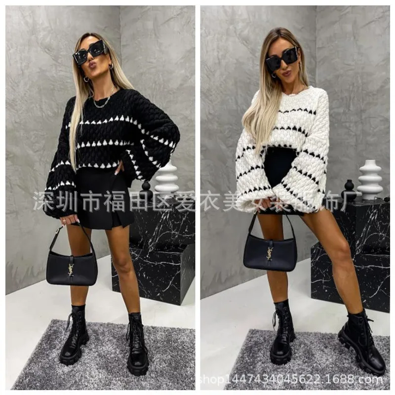 Women Sweaters Print Striped Jumpers Straight Casual Streetwear Pullovers Long Sleeve Elegant Lady Autumn High Street 2024