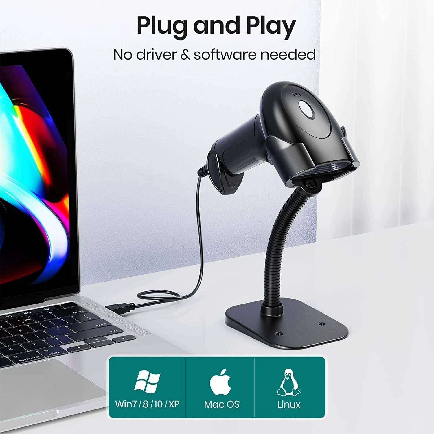 

Сканер штрих-кода с подставкой, проводной USB-инвентарь, сканер QR-кода 2D 1D для компьютера POS MAC с автоматическим сканированием экрана