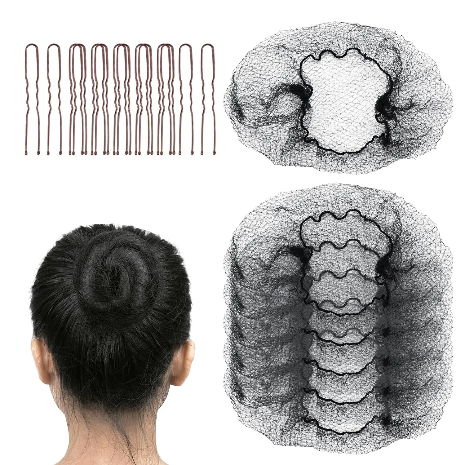 20 Black Hair Nets & 40 Brown U Pins Set for Food Service, Ballet, and Hairstyling