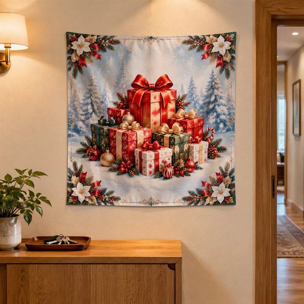 VIKAMA Gift Boxes Corner Motif Christmas Tapestry Wall Hanging, Holiday Room Decor Tapestries for Living Room Bedroom Hallway
