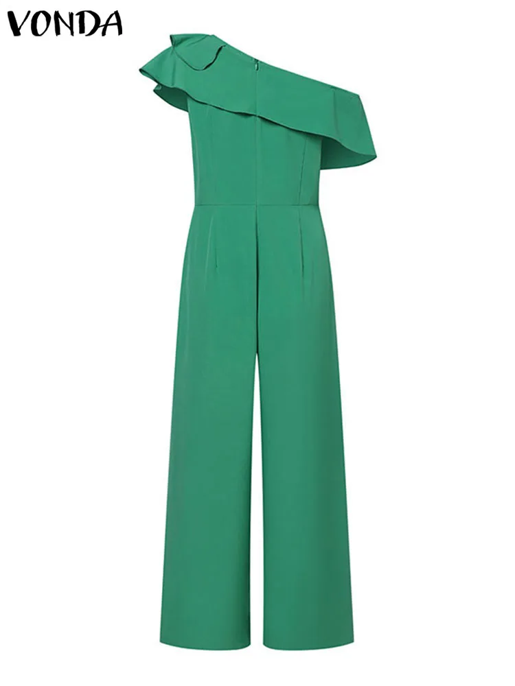 Plus Size 5XL VONDA Elegant Long Jumpsuits Women Office Rompers 2024 Summer Casual Solid Color Ruffled Off Shoulder Overalls