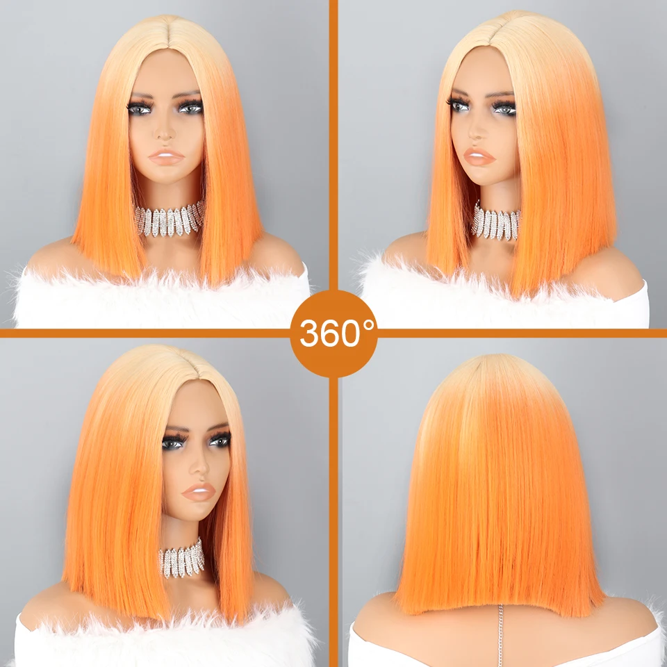 Colorful Wig Short Straight Bob for Women Ombre Ginger Synthetic Wig Blonde to Orange Middle Part Replacement Hair Wig for Daily