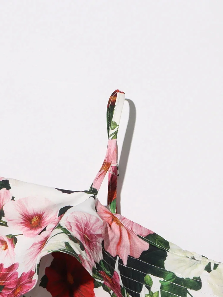 ดอกไม้พิมพ์ชุดมินิสําหรับเจ้าของ Camisole Patchwork Ruffles แขนสั้น Slim High เอว Ruched หวานหญิง