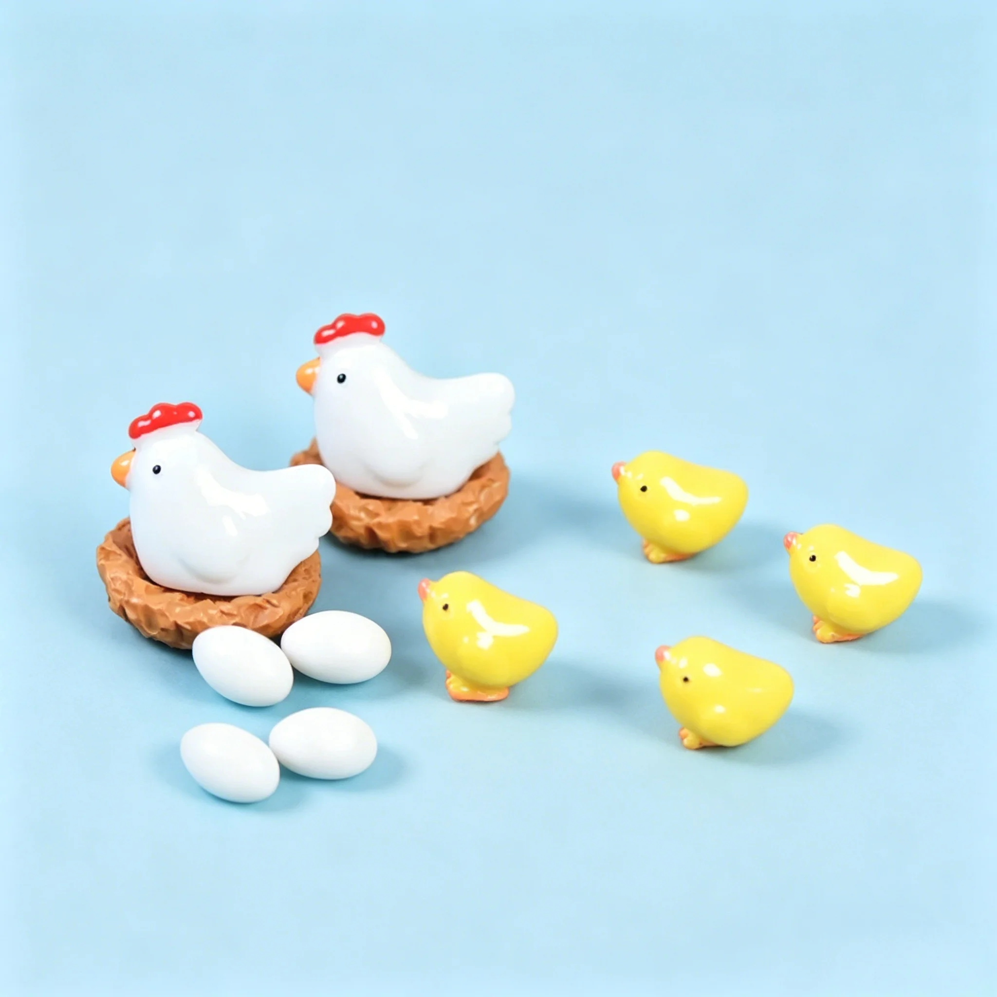 12Pcs Miniature Chicken Family Figurine Set, Resin Hen Chicks Eggs with Nest for Easter