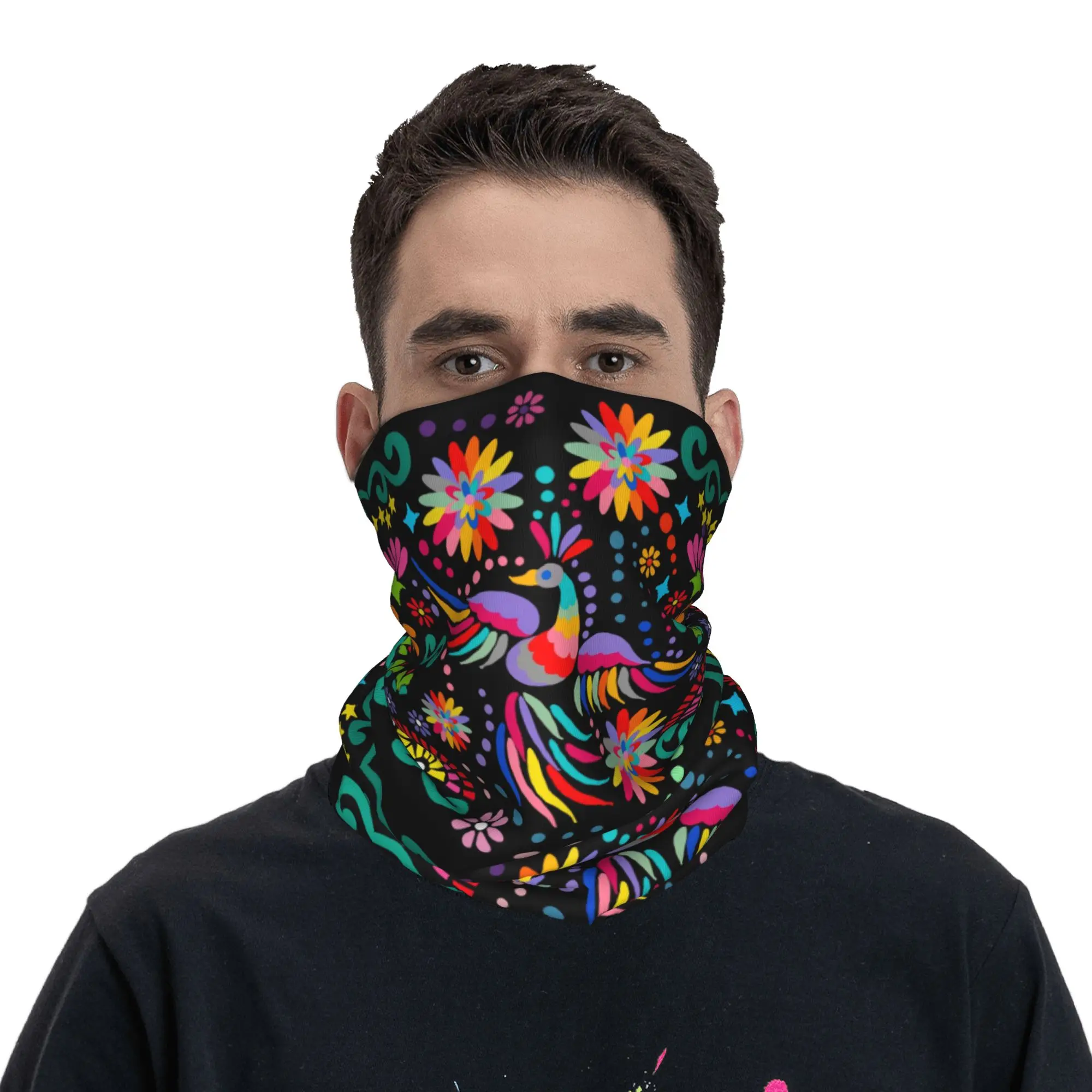 Custom Mexican Floral Flower Textile Bandana Neck Warmer Men Women Winter Hiking Ski Scarf Gaiter Colorful Embroidery Face Cover view 4