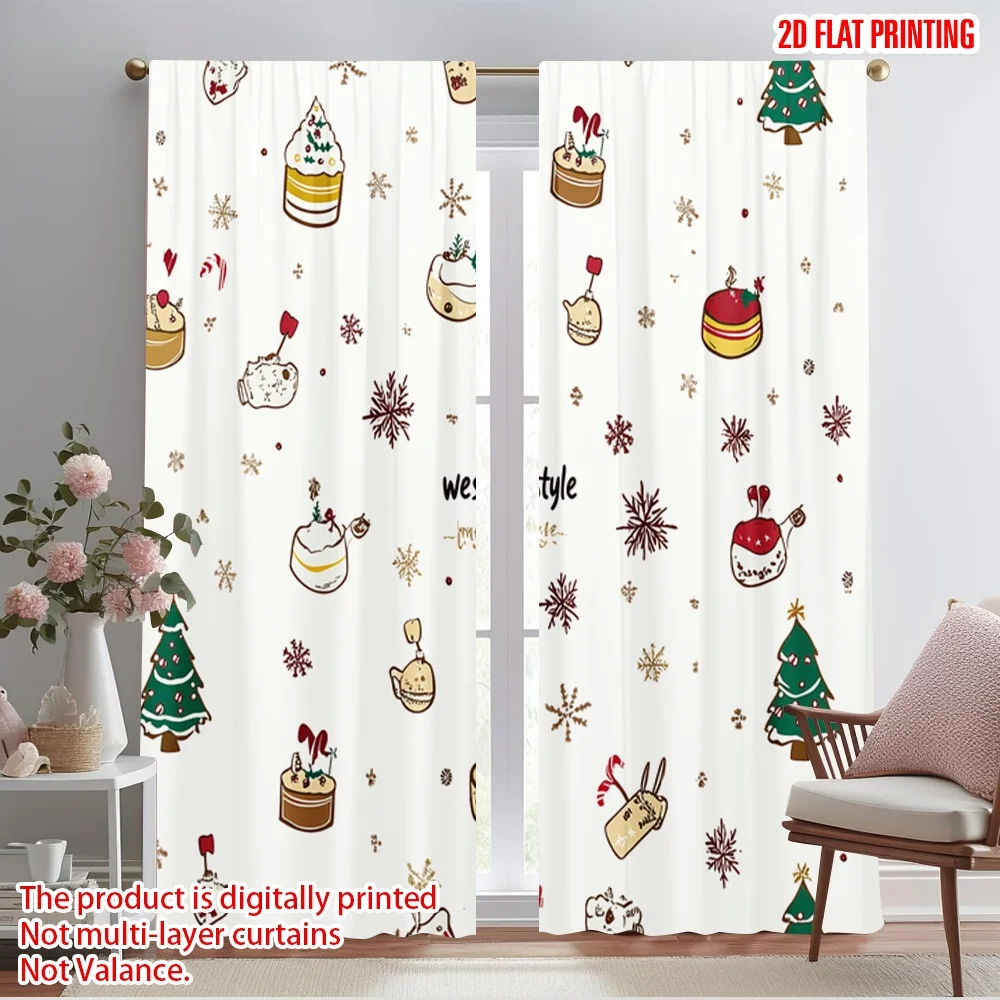 2pcs,2D plane printing Creative Curtains Christmas Ornaments Trees Holly Jingles (3) Versatile Durable Polyester (without rod)