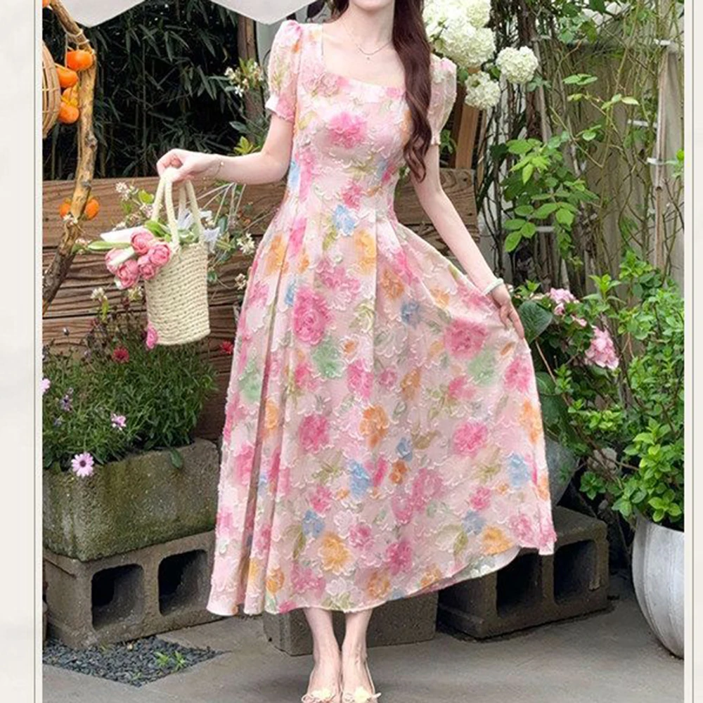 [Rose Flower Season] French holiday style gradual change pink flower pendulum dress  summer dress Regular Fit