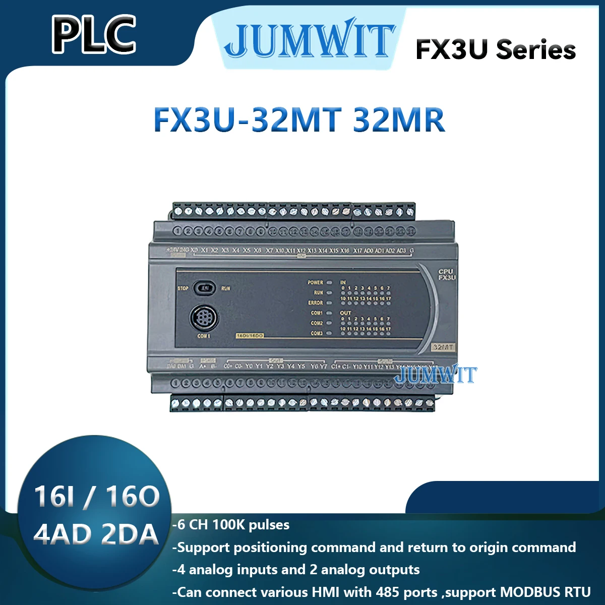 FX3U-32MR FX3U-32MT PLC Industrial Control Board  16 Input 16 Output 4AD of 0-20mA 2DA of 0-10V Analog RS485 MODBUS