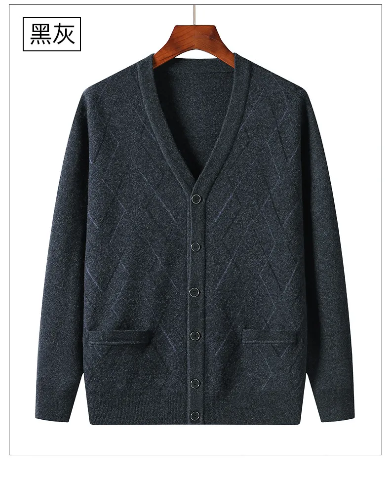 Autumn and winter new 100 pure wool knit cardigan V-neck old grandpa sweater loose thick sweater winter
