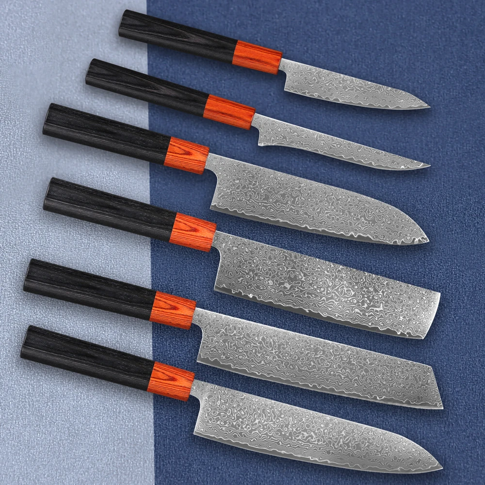 Professional Japanese Chef Knife Set Damascus Steel Master Crafted Handmade Kitchen Knives Meat Fish Fruit Vegetables Pakka wood