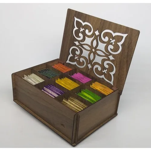 Turbozeka Wood Laser Cut Tea Box, Teabox, 9 Compartment, 9 Kinds Of Herb Tea