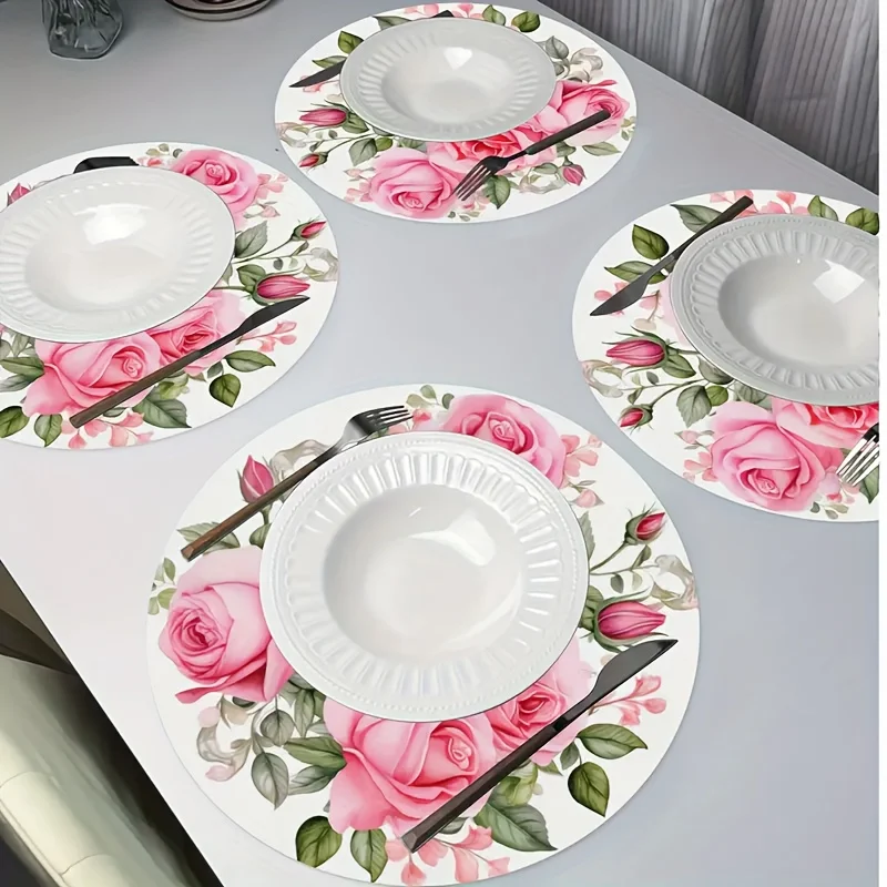 VIKAMA 4 قطعة مفارش مستديرة أنيقة باللون الوردي الوردي قابلة للغسل في الغسالة لعيد الحب وعيد الأم وغرفة الطعام مفارش ديكور